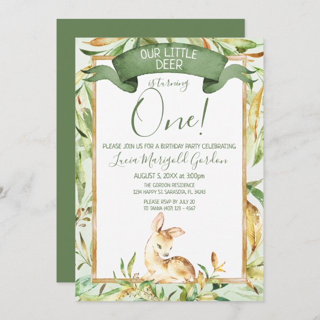 Cute Woodland Baby Deer First Birthday Party Invitation (Front/Back)