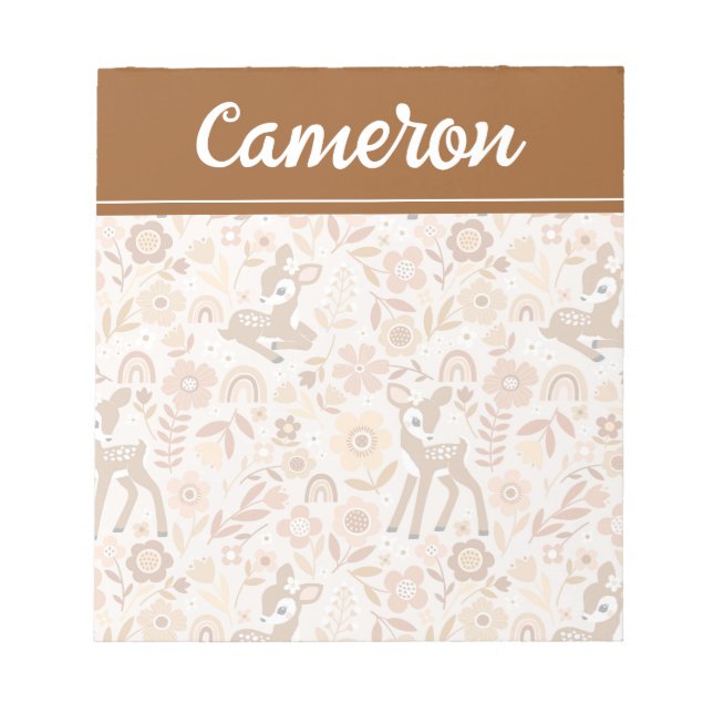 Cute Woodland Baby Deer Floral Pattern Notepad (Front)