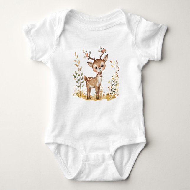Cute Woodland Baby Deer Watercolor Illustration Baby Bodysuit (Front)