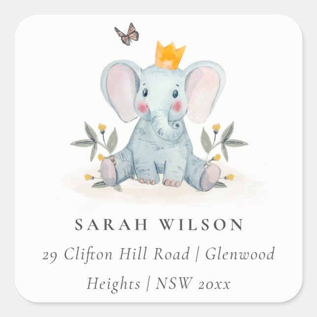 Cute Woodland Baby Elephant Foliage Address Square Sticker (Front)