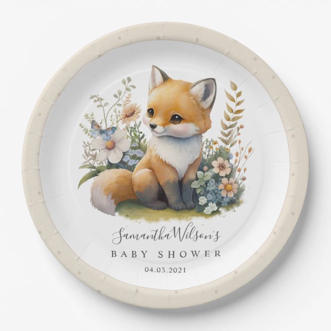 Cute Woodland Baby Fox Spring Baby Shower Paper Plate (Front)