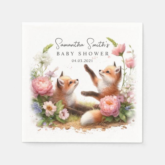 Cute Woodland Baby Foxes Spring Baby Shower Napkin (Front)