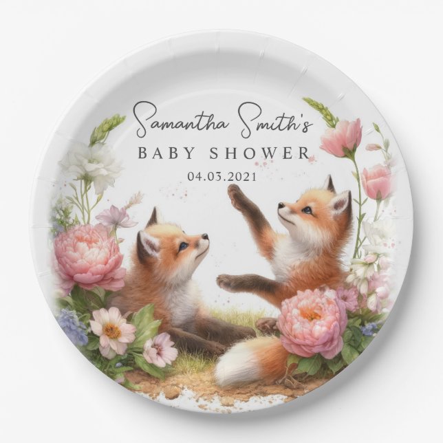 Cute Woodland Baby Foxes Spring Baby Shower Paper Plate (Front)