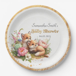 Cute Woodland Baby Foxes Spring Baby Shower Paper Plate