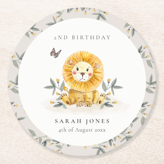 Cute Woodland Baby Lion Foliage Any Age Birthday Round Paper Coaster (Front)