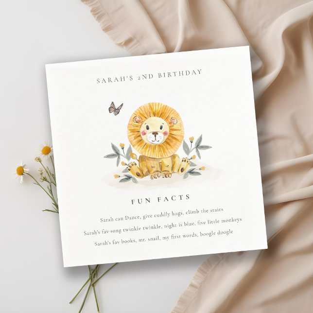 Cute Woodland Baby Lion Foliage Fun Facts Birthday Napkin (Creator Uploaded)