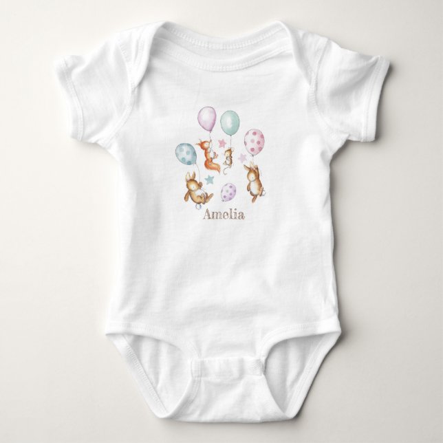 Cute Woodland balloon animals body suit for a girl Baby Bodysuit (Front)