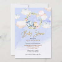Cute Woodland Bear Floral Blue Sky Baby Shower