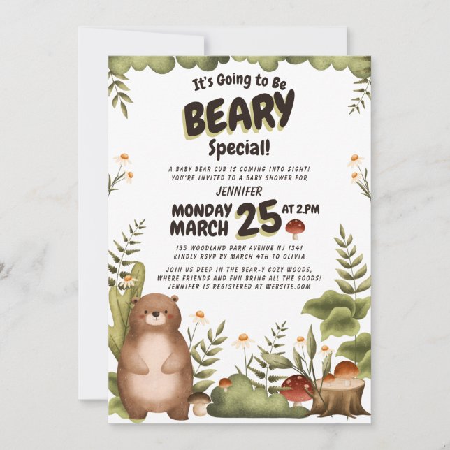 Cute woodland bear greenery whimsical Baby Shower Invitation (Front)