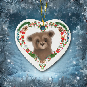 Cute Woodland Bear Heart Holiday Wreath Ceramic Tree Decoration