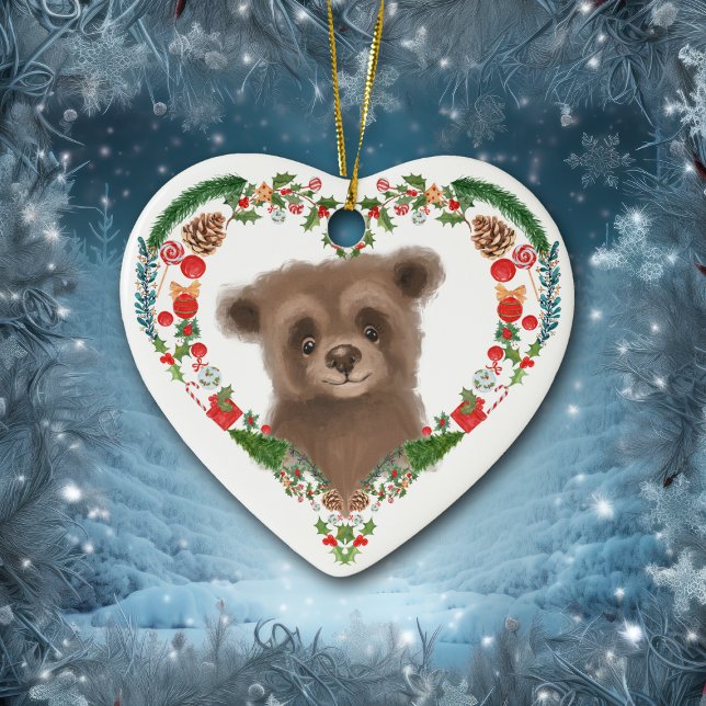 Cute Woodland Bear Heart Holiday Wreath Ceramic Tree Decoration (Creator Uploaded)