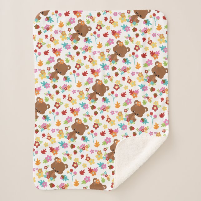 Cute Woodland Bear & leaves Baby Girl Kawaii Sherpa Blanket (Front)