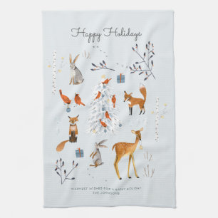 Cute Woodland Blue animals fox & deer Tea Towel