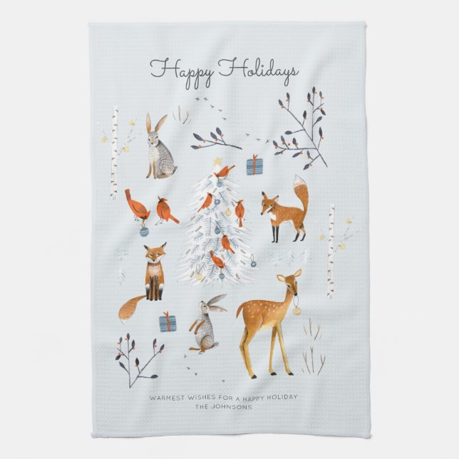 Cute Woodland Blue animals fox & deer Tea Towel (Vertical)