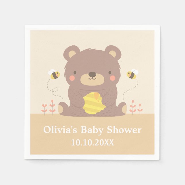 Cute Woodland Brown Bear Baby Shower Paper Napkins (Front)