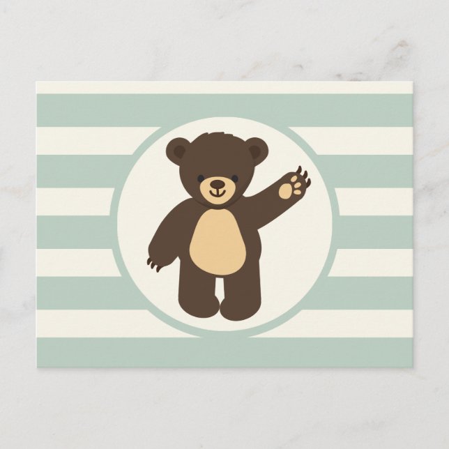 Cute Woodland Brown Bear; Sage Green Stripes Postcard (Front)