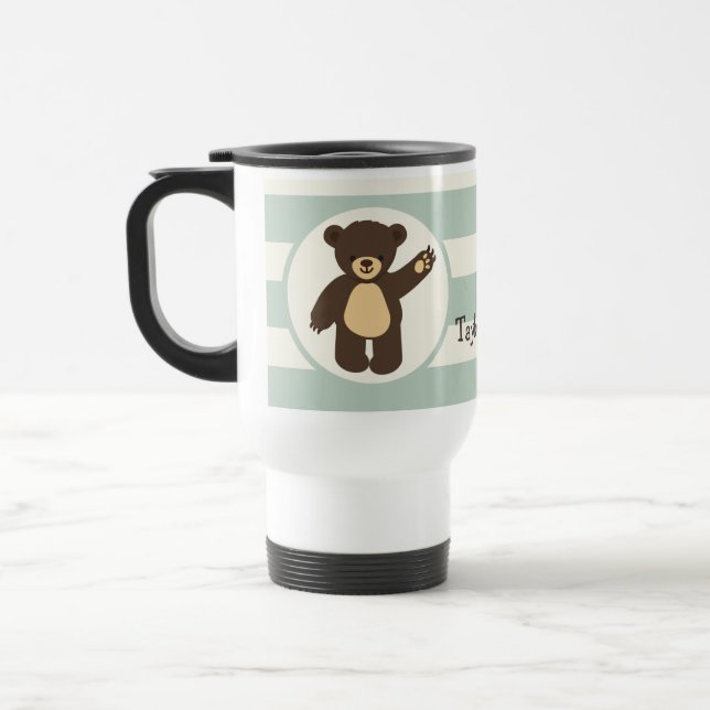 Cute Woodland Brown Bear; Sage Green Stripes Travel Mug (Left)