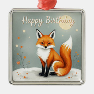 Cute Woodland Brown Fox Happy Birthday Metal Tree Decoration