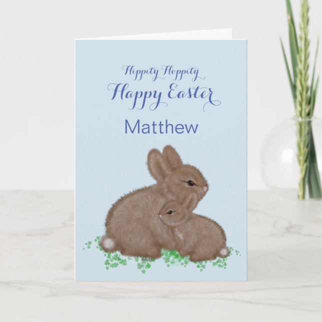 Cute Woodland Bunnies in Clover Easter Holiday Card (Front)