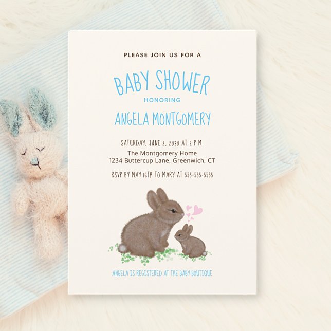 Cute Woodland Bunnies with Hearts Boy Baby Shower Invitation (Creator Uploaded)
