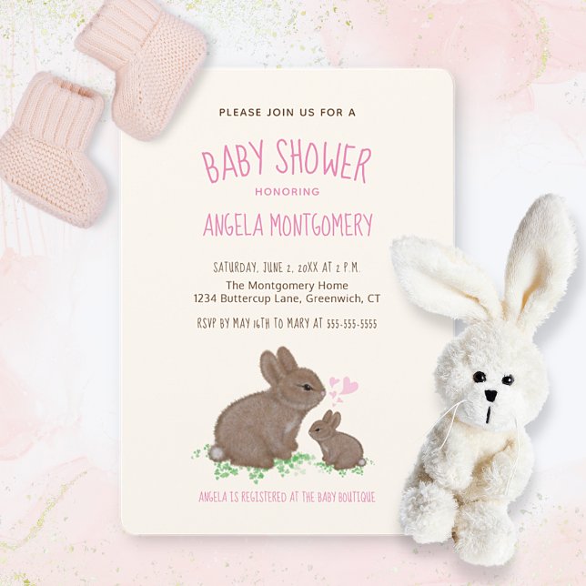 Cute Woodland Bunnies with Hearts Girl Baby Shower Invitation (Creator Uploaded)