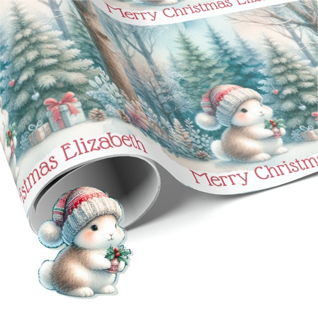 Cute Woodland Bunny Christmas Personalise Name  Wrapping Paper (Creator Uploaded)