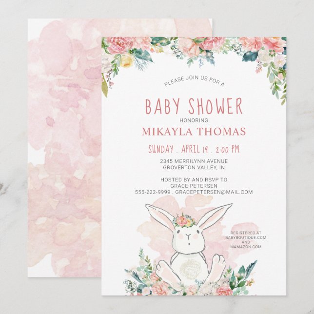 Cute Woodland Bunny Pink Floral Baby Shower (Front/Back)