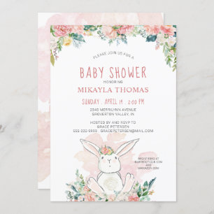 Cute Woodland Bunny Pink Floral Baby Shower