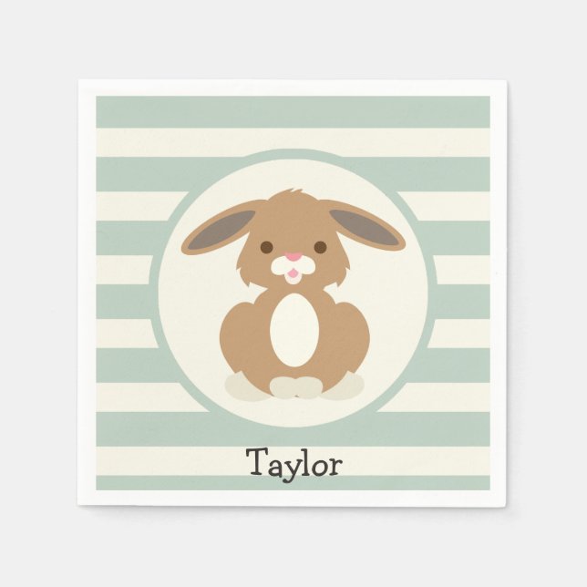 Cute Woodland Bunny Rabbit on Light Sage Green Napkin (Front)