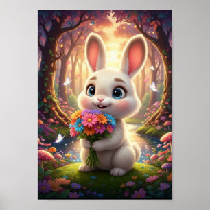 Cute Woodland Bunny Rabbit With Flower Bouquet Poster