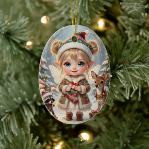Cute Woodland Chibi Girl's Personalised Christmas Ceramic Tree Decoration