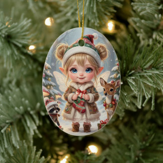 Cute Woodland Chibi Girl's Personalised Christmas Ceramic Tree Decoration