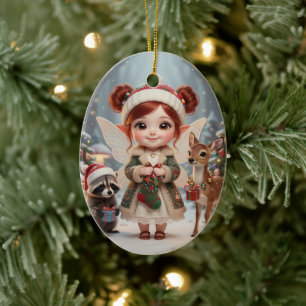 Cute Woodland Chibi Girl's Personalised Christmas Ceramic Tree Decoration