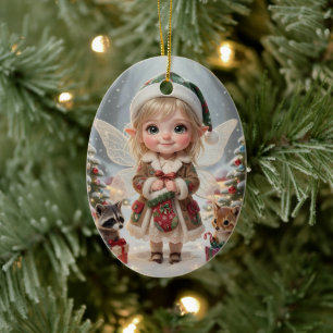 Cute Woodland Chibi Girl's Personalised Christmas Ceramic Tree Decoration