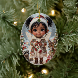 Cute Woodland Chibi Girl's Personalised Christmas Ceramic Tree Decoration