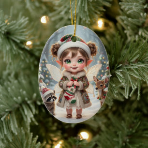 Cute Woodland Chibi Girl's Personalised Christmas Ceramic Tree Decoration