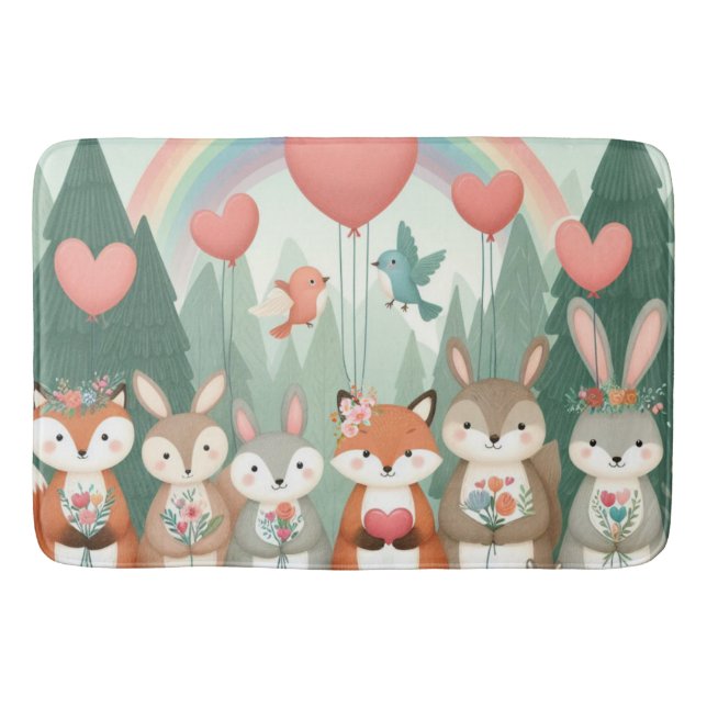 Cute Woodland Creature rainbow valentine's Bath Mat (Front)