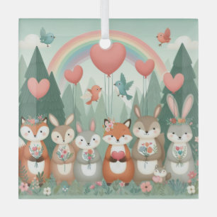 Cute Woodland Creature rainbow valentine's Glass Tree Decoration