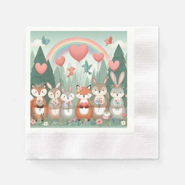 Cute Woodland Creature rainbow valentine's Napkin (Front)