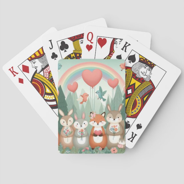 Cute Woodland Creature rainbow valentine's Playing Cards (Back)