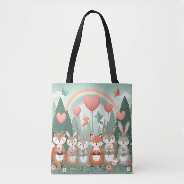 Cute Woodland Creature rainbow valentine's Tote Bag (Front)