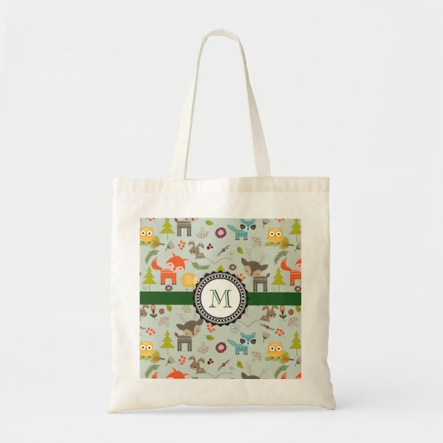 Cute Woodland Creatures Animal Pattern Monogram Tote Bag (Front)