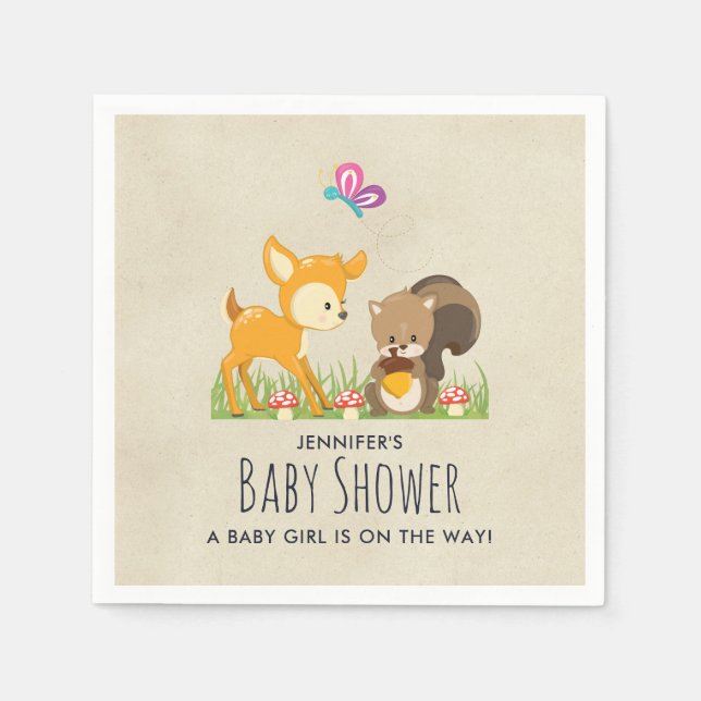 Cute Woodland Creatures Cartoon Baby Shower Napkin (Front)