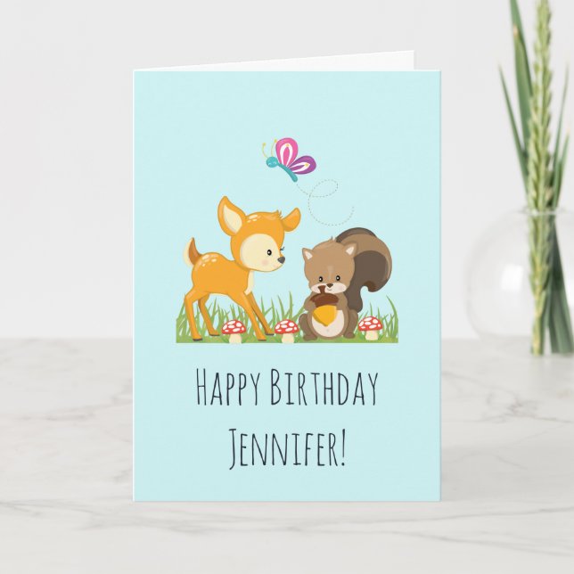 Cute Woodland Creatures Cartoon Birthday Card (Front)