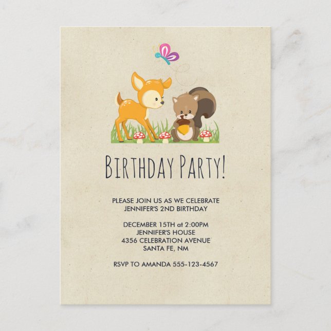 Cute Woodland Creatures Cartoon Birthday Party Invitation Postcard (Front)