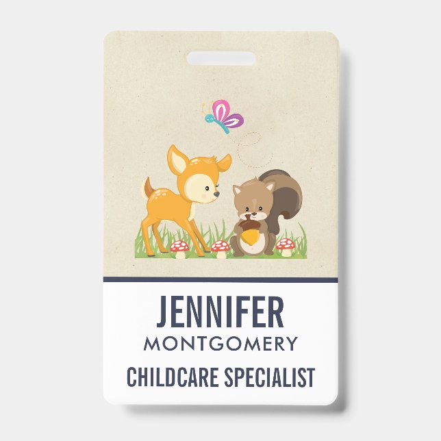 Cute Woodland Creatures Cartoon Illustration ID Badge (Front)