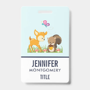 Cute Woodland Creatures Cartoon Illustration ID Badge
