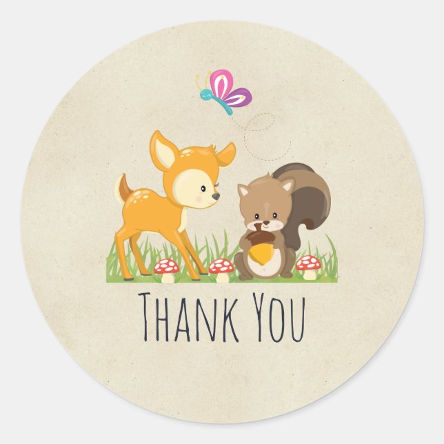 Cute Woodland Creatures Cartoon Thank You Classic Round Sticker (Front)