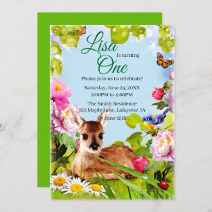 Cute Woodland Deer 1st Birthday Party Invitation