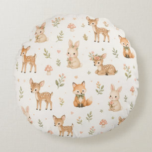 Cute woodland:Deer, Bunny and Fox Nursey design Round Cushion